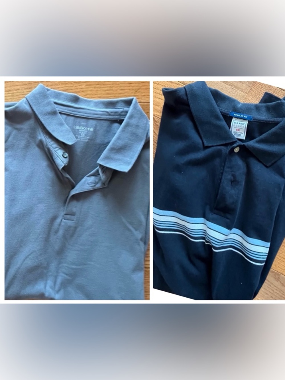 2 Men's Polo Shirts - Grey & Navy with Light Blue Stripes